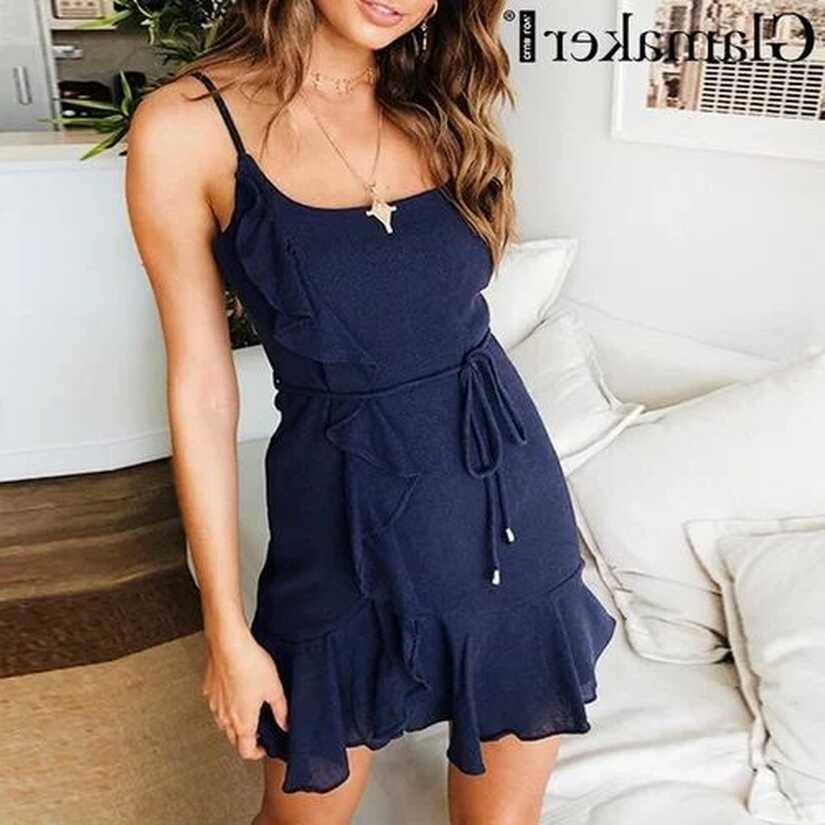 women Backless holiday beach short dress Party female red belt ...