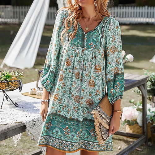 yoeyez Boho Dress for Women Casual Puff 3/4 Sleeve Vintage Summer ...